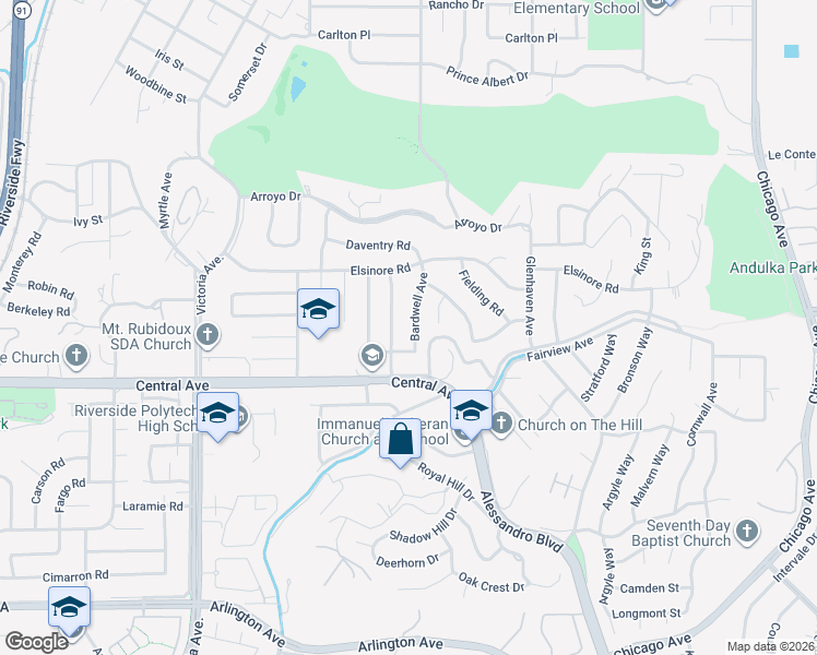 map of restaurants, bars, coffee shops, grocery stores, and more near 5306 Bardwell Avenue in Riverside