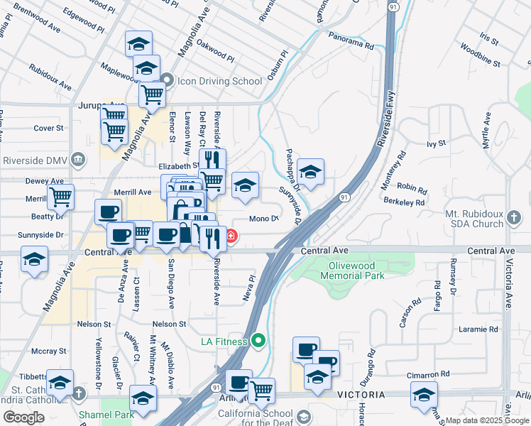 map of restaurants, bars, coffee shops, grocery stores, and more near 3455 Mono Drive in Riverside