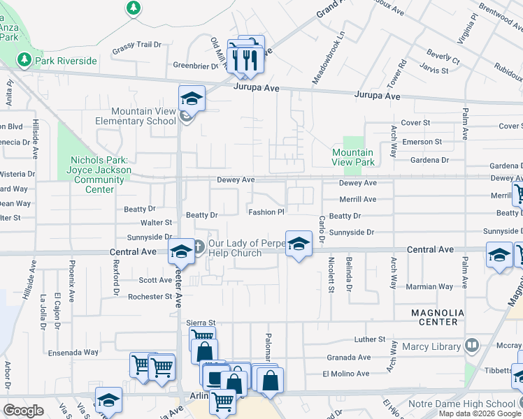map of restaurants, bars, coffee shops, grocery stores, and more near 5091 Fashion Place in Riverside