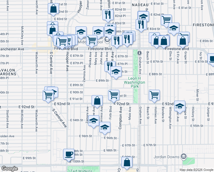 map of restaurants, bars, coffee shops, grocery stores, and more near 1459 East 90th Street in Los Angeles