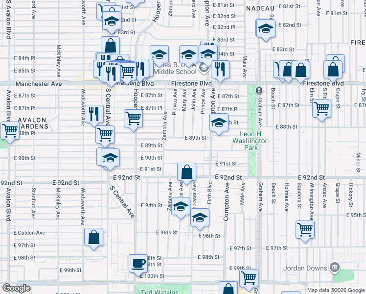 map of restaurants, bars, coffee shops, grocery stores, and more near 1411 East 90th Street in Los Angeles