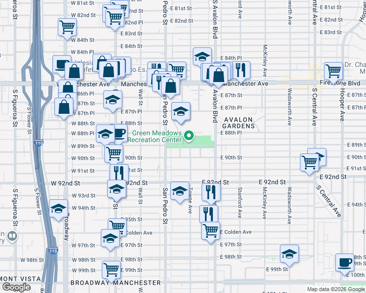 map of restaurants, bars, coffee shops, grocery stores, and more near 8901 Towne Avenue in Los Angeles