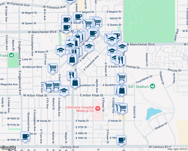 map of restaurants, bars, coffee shops, grocery stores, and more near 624 Myrtle Avenue in Inglewood