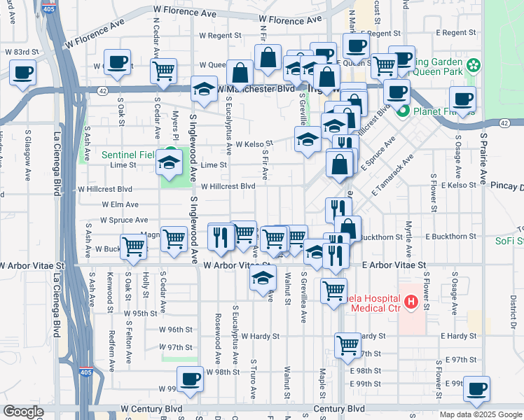 map of restaurants, bars, coffee shops, grocery stores, and more near 630 South Fir Avenue in Inglewood