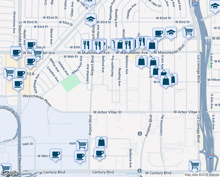 map of restaurants, bars, coffee shops, grocery stores, and more near 8931 Ramsgate Avenue in Los Angeles