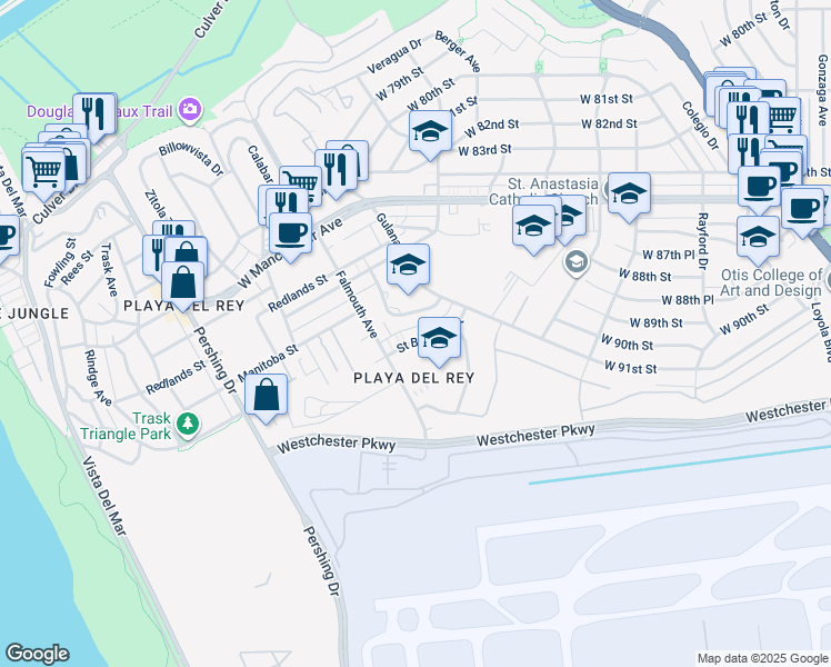 map of restaurants, bars, coffee shops, grocery stores, and more near 7755 Saint Bernard Street in Los Angeles