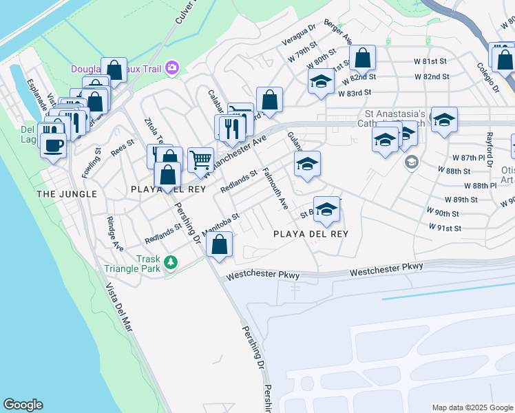 map of restaurants, bars, coffee shops, grocery stores, and more near 8150 Manitoba Street in Los Angeles