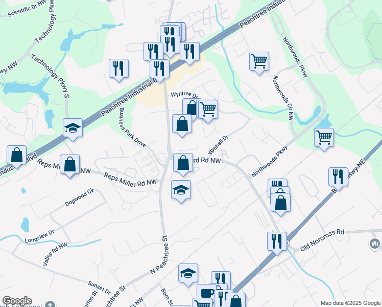 map of restaurants, bars, coffee shops, grocery stores, and more near 3144 Corner Oak Drive in Norcross