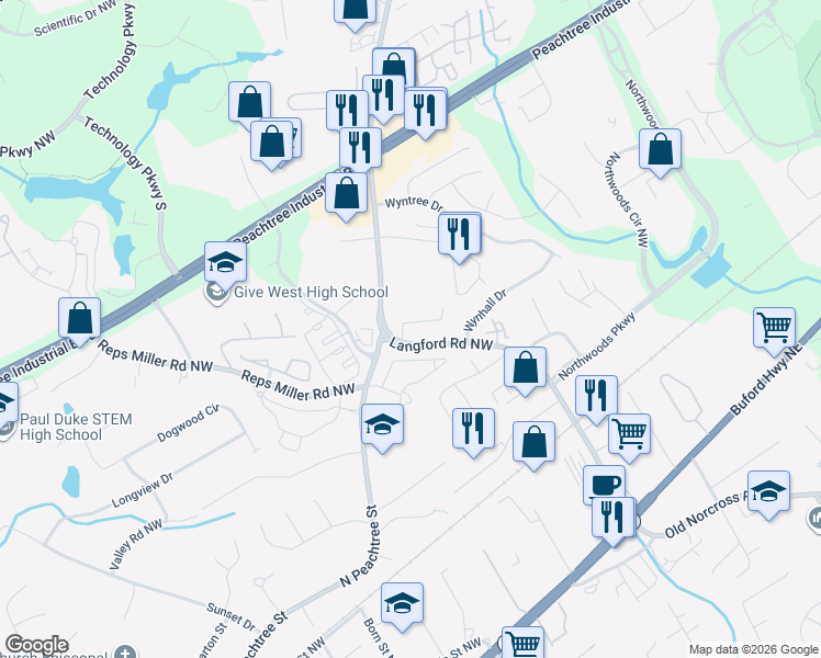 map of restaurants, bars, coffee shops, grocery stores, and more near 3164 Corner Oak Drive in Norcross