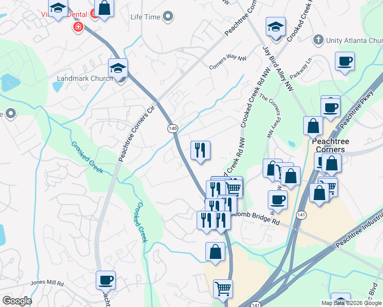 map of restaurants, bars, coffee shops, grocery stores, and more near 5600 Woodmont Boulevard Northwest in Norcross