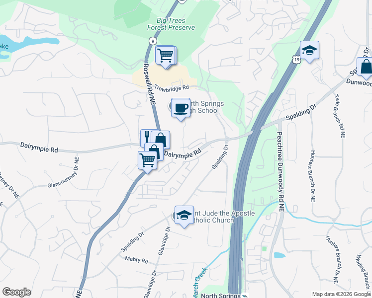 map of restaurants, bars, coffee shops, grocery stores, and more near 750 Dalrymple Road in Atlanta