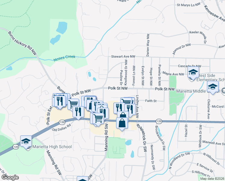 map of restaurants, bars, coffee shops, grocery stores, and more near 729 Polk Street Northwest in Marietta
