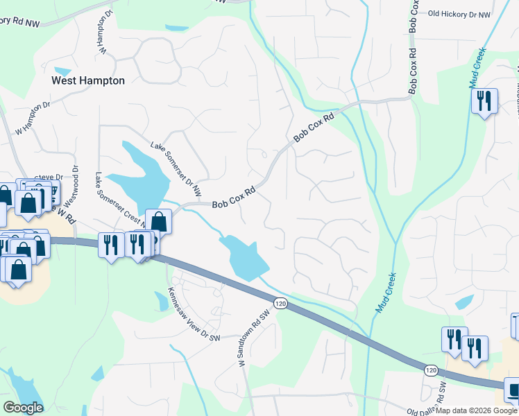 map of restaurants, bars, coffee shops, grocery stores, and more near 3169 Bob Cox Road in Marietta