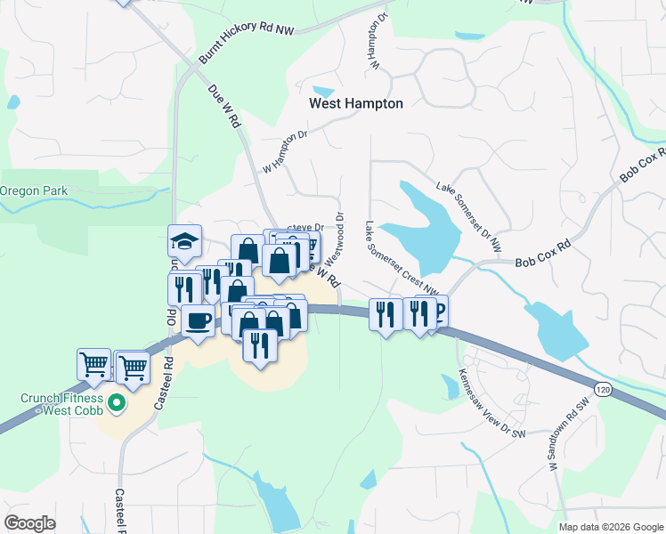 map of restaurants, bars, coffee shops, grocery stores, and more near 3462 Due West Road in Marietta