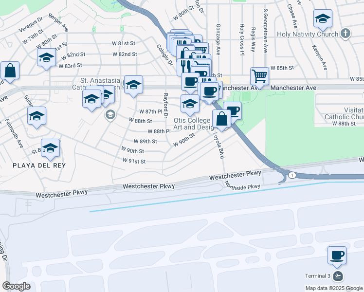 map of restaurants, bars, coffee shops, grocery stores, and more near 7272 West 90th Street in Los Angeles