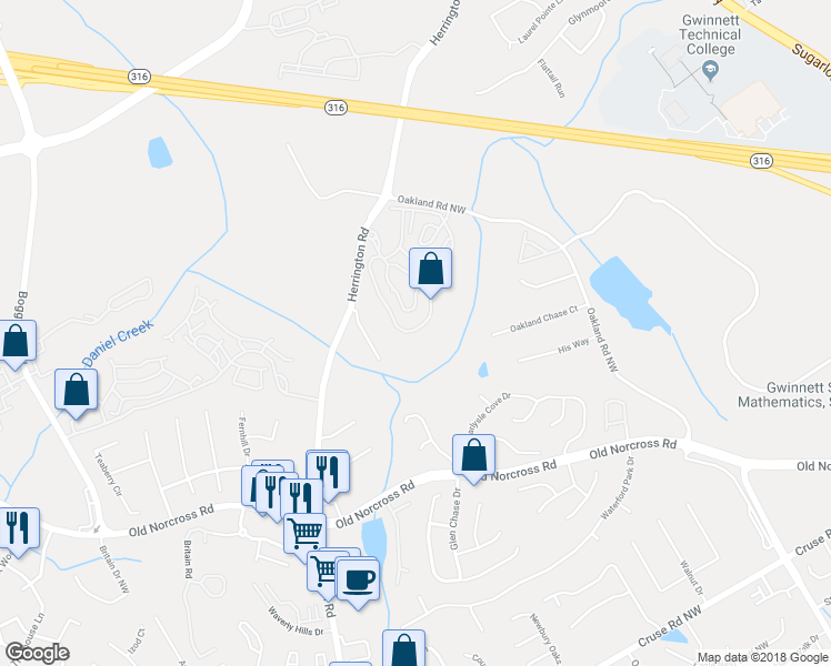 map of restaurants, bars, coffee shops, grocery stores, and more near 1428 Herrington Road in Lawrenceville