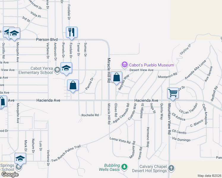 map of restaurants, bars, coffee shops, grocery stores, and more near 12828 Miracle Hill Road in Desert Hot Springs