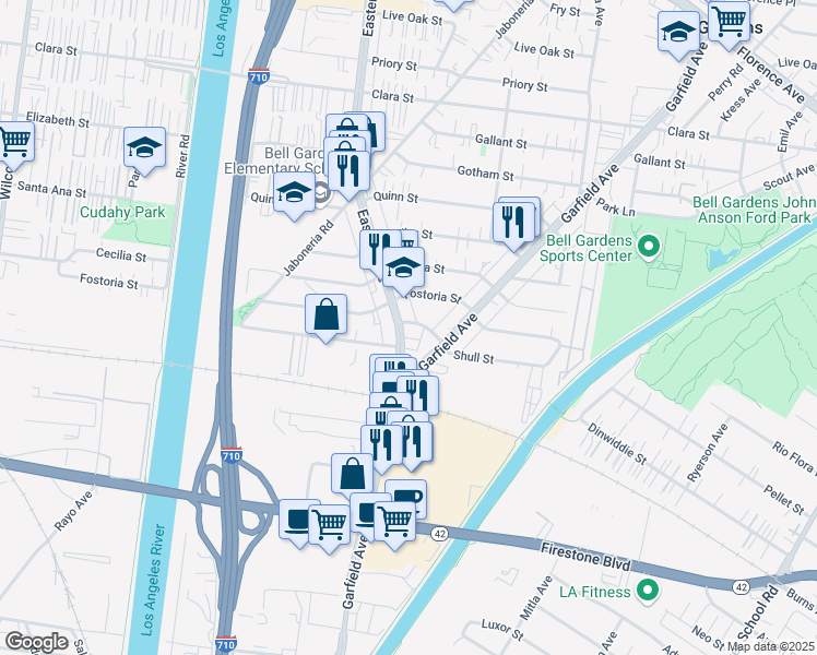 map of restaurants, bars, coffee shops, grocery stores, and more near in Bell Gardens