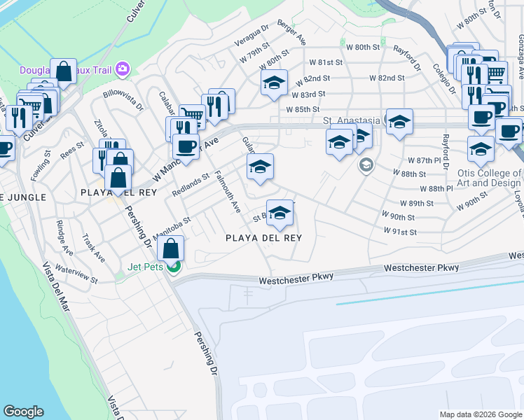 map of restaurants, bars, coffee shops, grocery stores, and more near 7749 Saint Bernard Street in Los Angeles