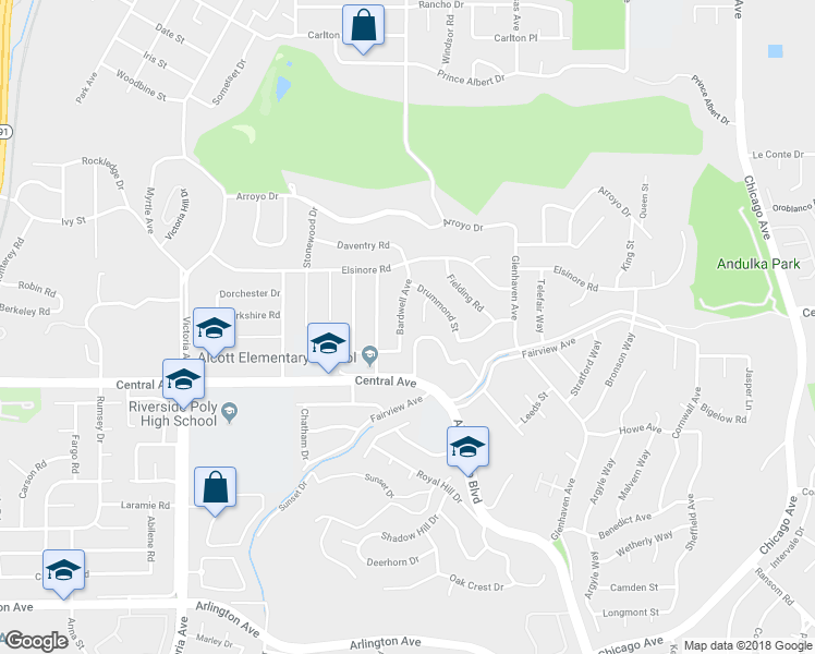 map of restaurants, bars, coffee shops, grocery stores, and more near 5306 Bardwell Avenue in Riverside