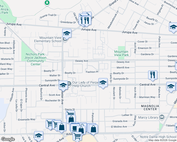 map of restaurants, bars, coffee shops, grocery stores, and more near 5091 Fashion Place in Riverside