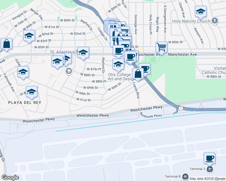 map of restaurants, bars, coffee shops, grocery stores, and more near 7272 West 90th Street in Los Angeles