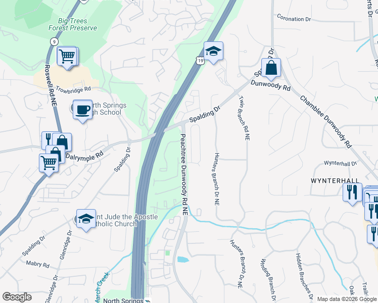 map of restaurants, bars, coffee shops, grocery stores, and more near 240 Wembley Circle in Atlanta