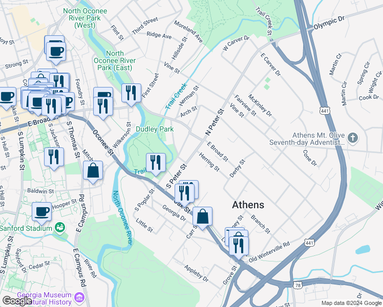 map of restaurants, bars, coffee shops, grocery stores, and more near 234 South Peter Street in Athens
