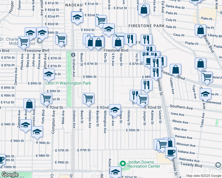 map of restaurants, bars, coffee shops, grocery stores, and more near 8909 South Fir Avenue in Los Angeles