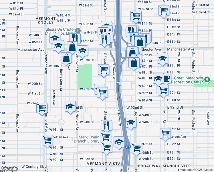 map of restaurants, bars, coffee shops, grocery stores, and more near 8916 South Figueroa Street in Los Angeles