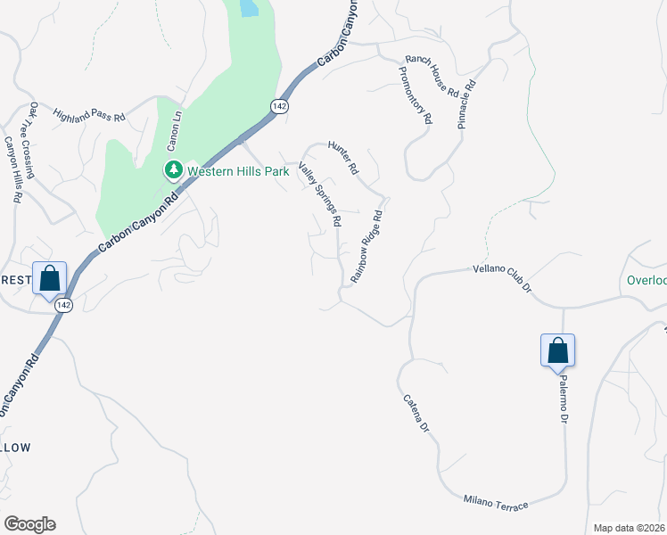 map of restaurants, bars, coffee shops, grocery stores, and more near 16388 Valley Springs Road in Chino Hills