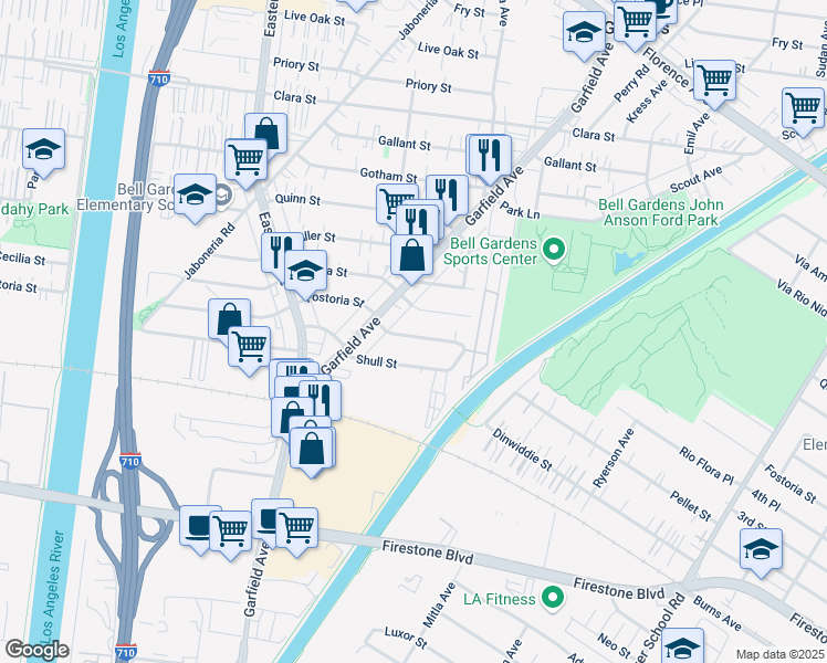map of restaurants, bars, coffee shops, grocery stores, and more near 5947 Fostoria Street in Bell Gardens