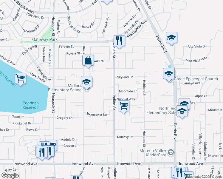 map of restaurants, bars, coffee shops, grocery stores, and more near 11396 Morning Star Lane in Moreno Valley