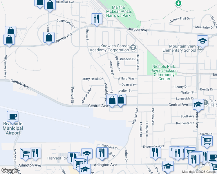 map of restaurants, bars, coffee shops, grocery stores, and more near 6460 Hollyridge Drive in Riverside