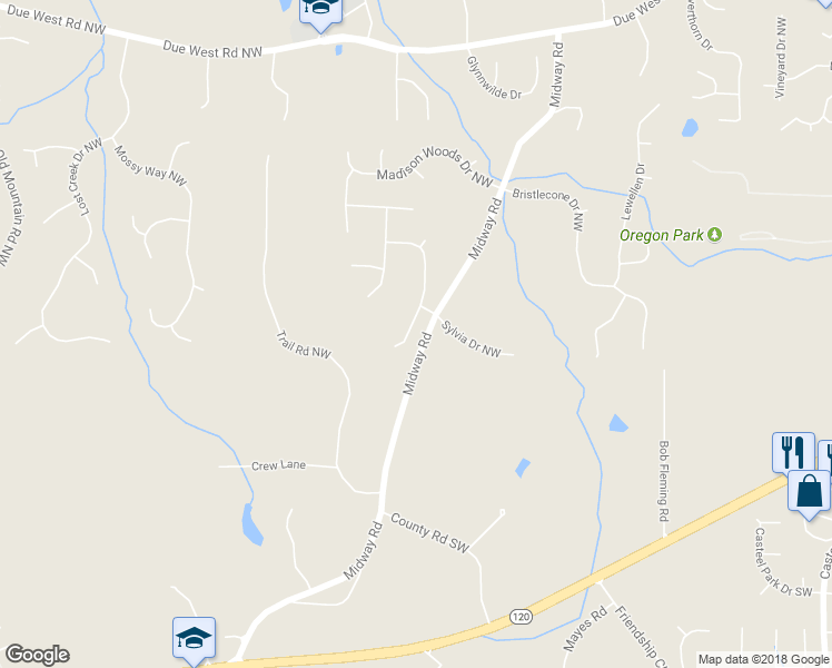 map of restaurants, bars, coffee shops, grocery stores, and more near 110 Mayes Farm Road Northwest in Marietta