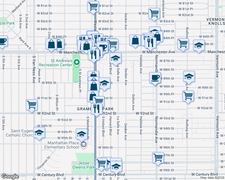 map of restaurants, bars, coffee shops, grocery stores, and more near 8926 Harvard Boulevard in Los Angeles