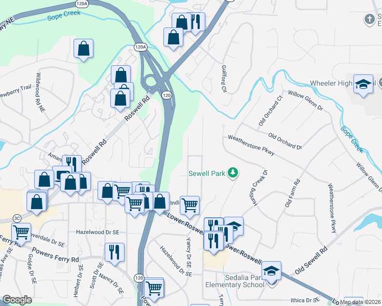 map of restaurants, bars, coffee shops, grocery stores, and more near 210 Worthington Drive in Marietta