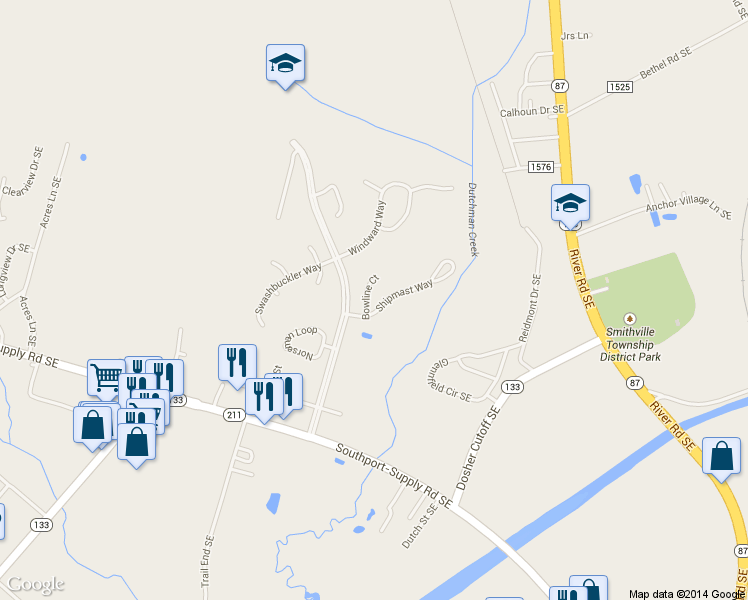 map of restaurants, bars, coffee shops, grocery stores, and more near 5004 Bowline Court in Southport