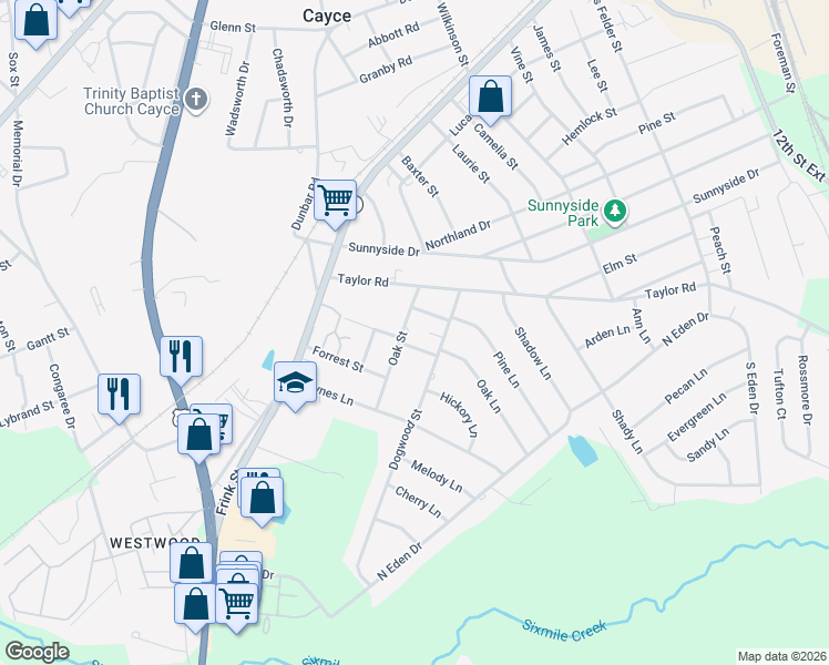 map of restaurants, bars, coffee shops, grocery stores, and more near 1627 Oak Street in Cayce
