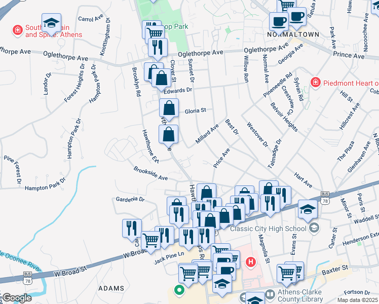 map of restaurants, bars, coffee shops, grocery stores, and more near 425 Millard Street in Athens