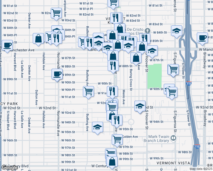 map of restaurants, bars, coffee shops, grocery stores, and more near 1032 West 90th Street in Los Angeles