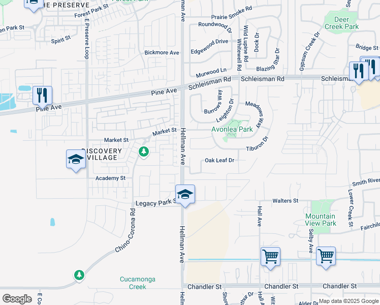 map of restaurants, bars, coffee shops, grocery stores, and more near 14959 Brooktree Street in Corona