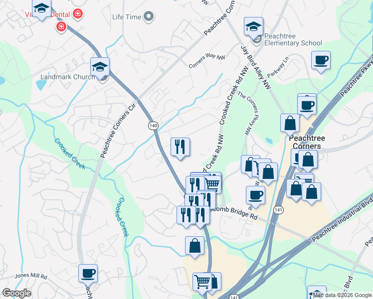 map of restaurants, bars, coffee shops, grocery stores, and more near 5712 Woodmont Boulevard Northwest in Norcross