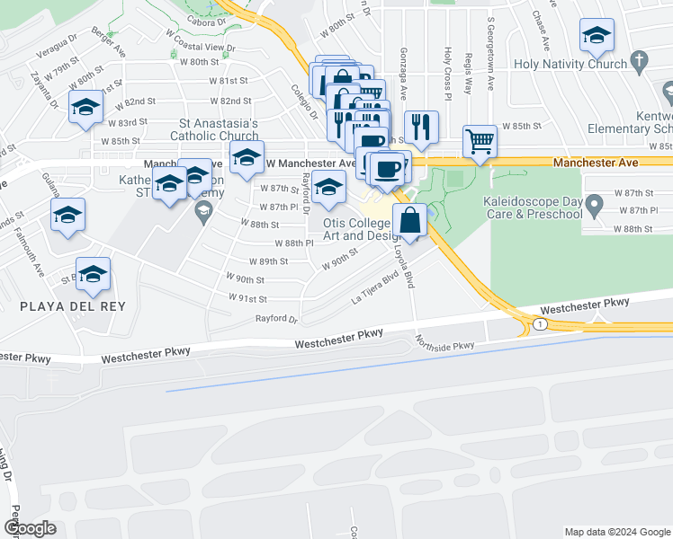 map of restaurants, bars, coffee shops, grocery stores, and more near 7272 West 90th Street in Los Angeles