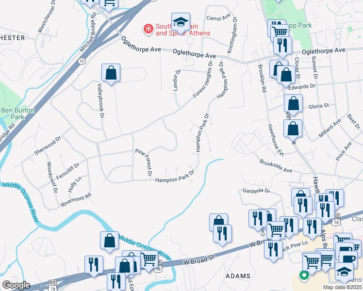 map of restaurants, bars, coffee shops, grocery stores, and more near 164 Pinecrest Terrace in Athens