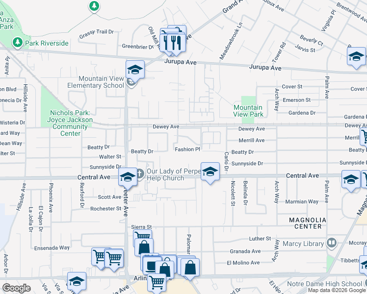 map of restaurants, bars, coffee shops, grocery stores, and more near 5091 Fashion Place in Riverside
