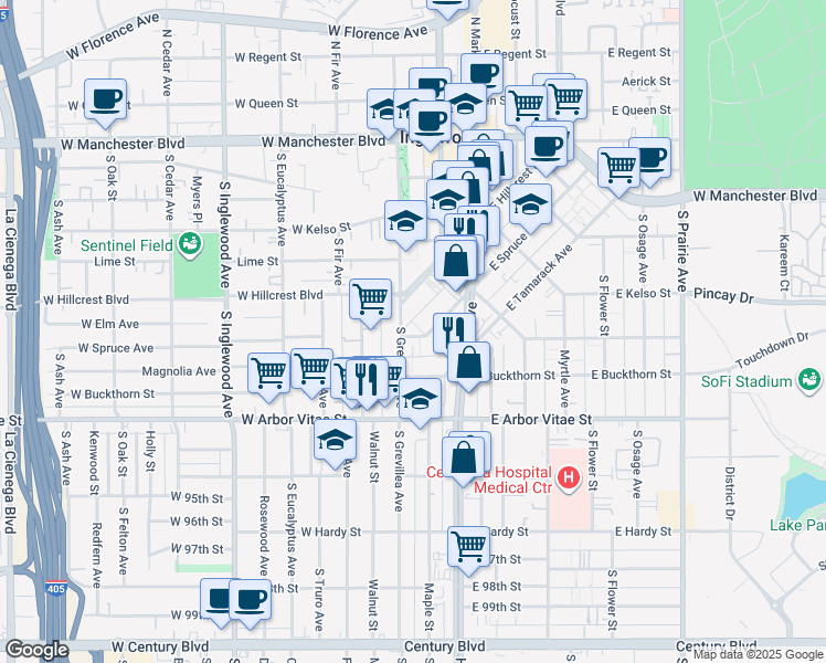 map of restaurants, bars, coffee shops, grocery stores, and more near 109 East Spruce Avenue in Inglewood