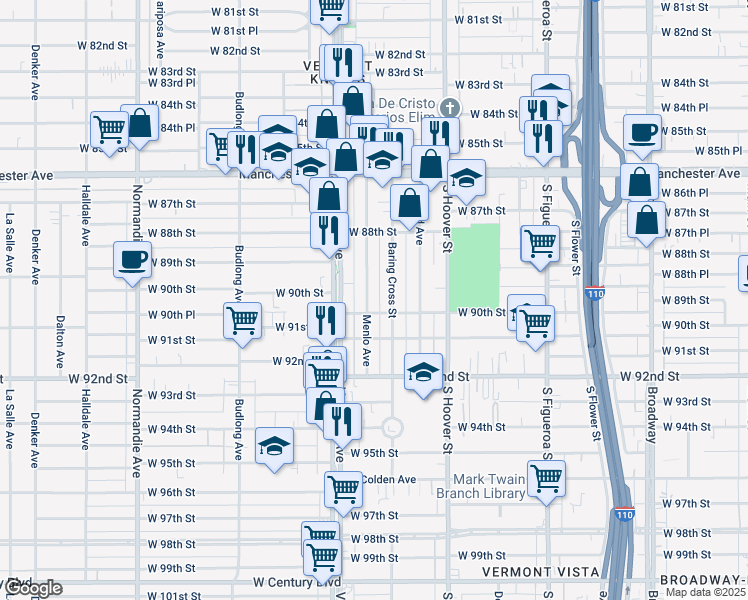 map of restaurants, bars, coffee shops, grocery stores, and more near 8934 Menlo Avenue in Los Angeles