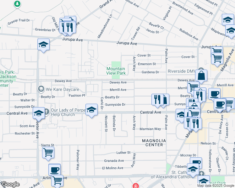 map of restaurants, bars, coffee shops, grocery stores, and more near 4803 Beatty Drive in Riverside