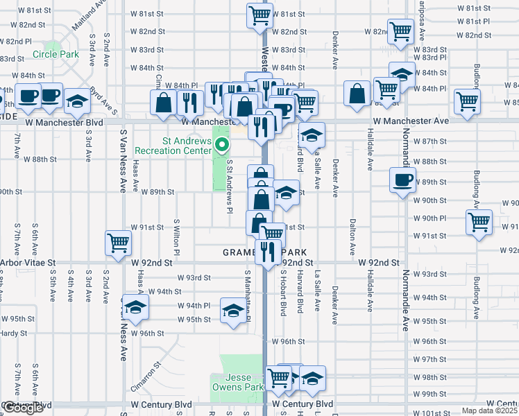 map of restaurants, bars, coffee shops, grocery stores, and more near 8929 South Western Avenue in Los Angeles
